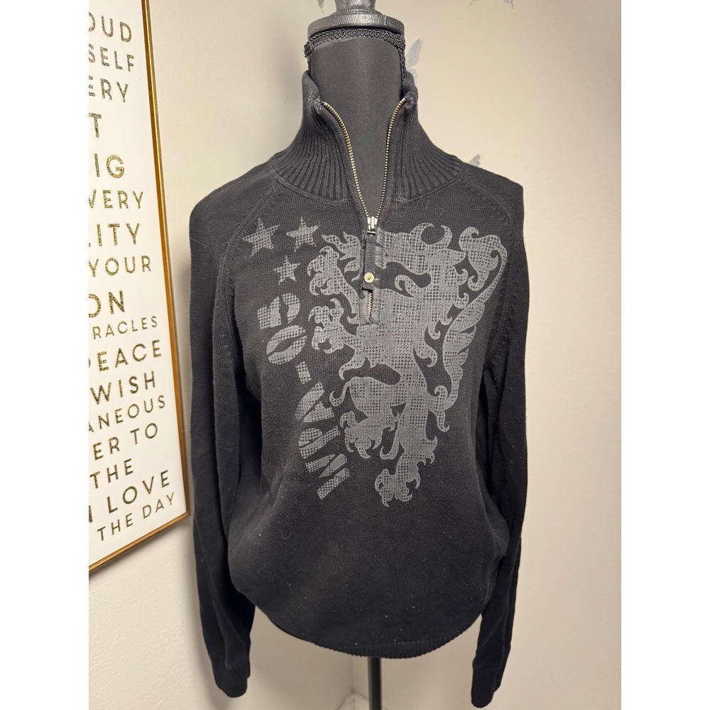 GUESS Y2K Mens Black Quarter Zip Mock Neck Lion Graphic Knit Sweater S MMVII